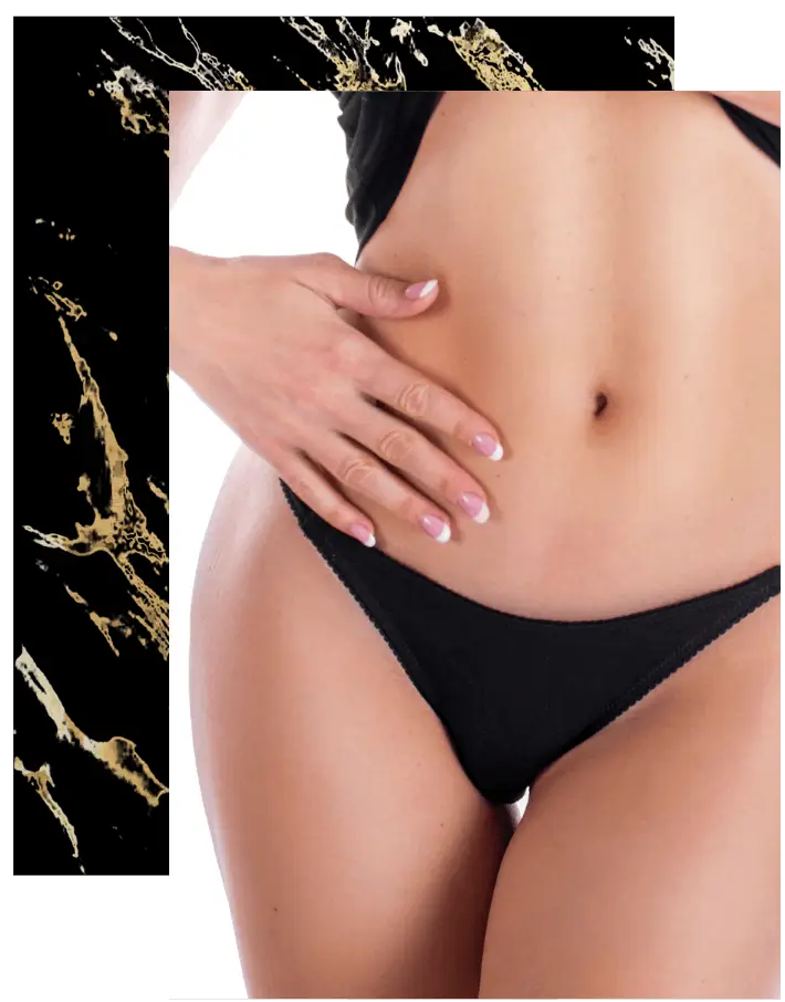 Close-up of a woman's torso wearing a black bikini bottom with her hand resting on her hip, isolated on a white background with a black splatter pattern on the left side.